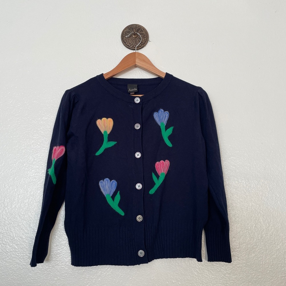Aaeda Navy Blue Floral Tulip Applique Button Front Cardigan Sweater Womens XS